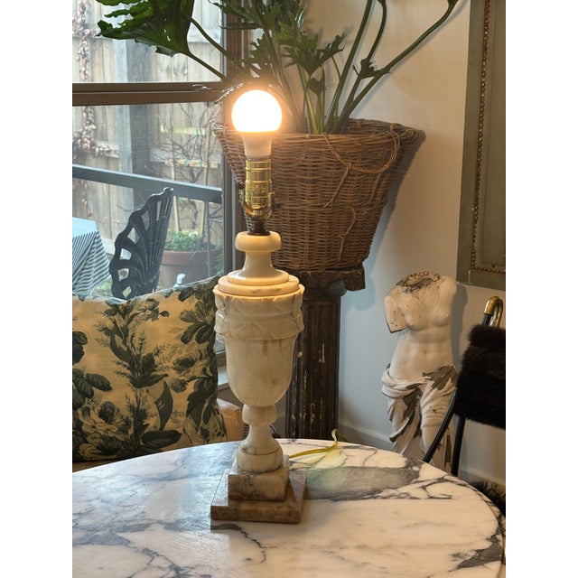 Neoclassical Antique Italian Hand Carved Alabaster Table Lamp For Sale - Image 3 of 18
