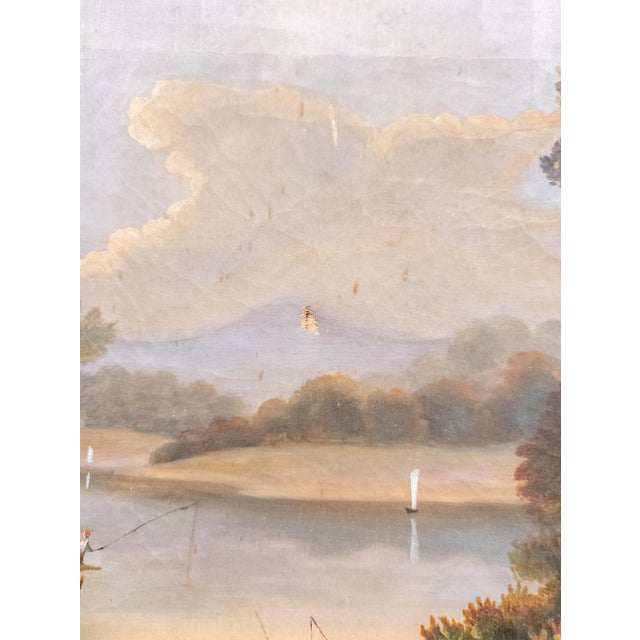 19th Century American Naive Folk Art Landscape Painting With Fishermen For Sale - Image 11 of 18