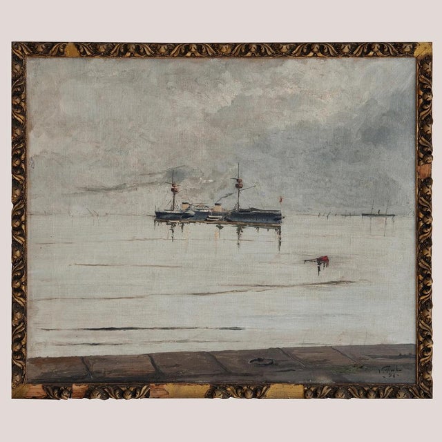 Spanish Pelayo Steam Warship, 1890s-1910s, Oil on Canvas For Sale - Image 3 of 8
