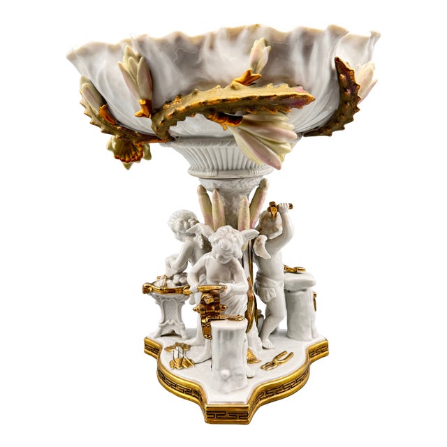 Large Cherub Compote French Inspired Porcelain 12” Vintage For Sale