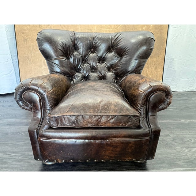 Rh Churchill Leather Chair With Nailheads Vintage Ebony Leather | Down-Feather Fill | Classic Depth For Sale - Image 18 of 18