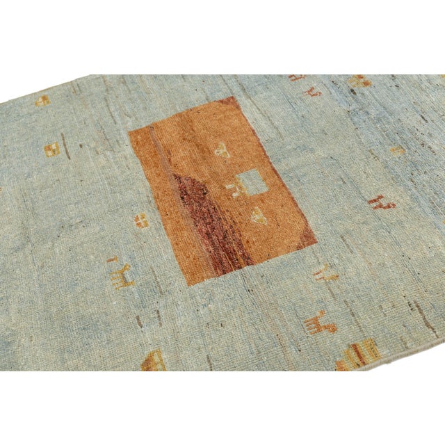 2010s 4x6 Modern Hand-Knotted Gabbeh Wool Rug – Vibrant Blue & Sunset Orange Tribal For Sale - Image 5 of 8