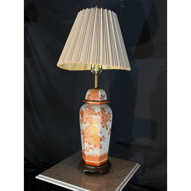 Vintage Chinoiserie Porcelain Table Lamp With Terracotta Floral Motif and Pleated Shade For Sale - Image 10 of 10