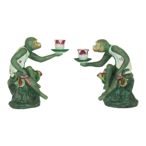 Chinoiserie Monkey Figurine Resin Candle Holders Green and Pink a Pair