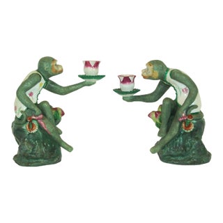 Pair of Vintage Chinoiserie Monkey Lotus Candleholders, Painted Resin For Sale