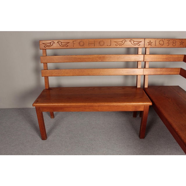 Alpine Corner Bench in Oak with Christian Symbolism, 1930s, Set of 2 For Sale - Image 4 of 18