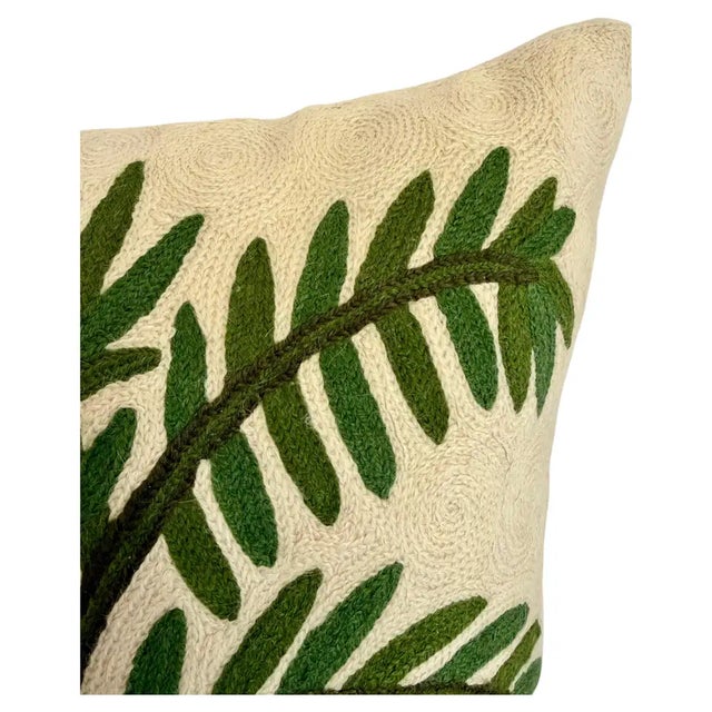 Textile Handmade Kashmiri Crewel Palm Tree Leaf Wool Pillow Cover Global Chic 18 X 18 For Sale - Image 7 of 8