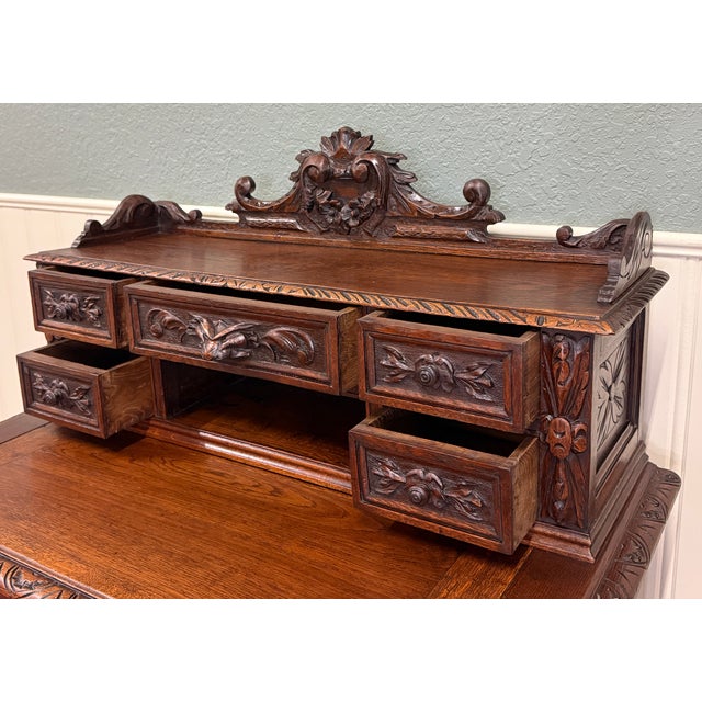 Antique French Petite Barley Twist Desk Carved Oak Renaissance Revival c.1890 For Sale - Image 11 of 18