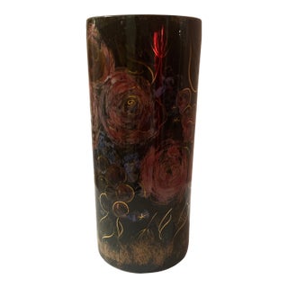 Vintage Sascha Brastoff Mid-Century Ceramic Vase With a Floral Pattern Against a Black Background. For Sale