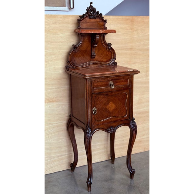 Antique French Walnut Night Stands with marble top and crest, 1900, A Pair For Sale - Image 17 of 18