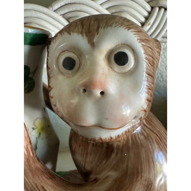 Chinoiserie Antique Pair of Early Export Chinoiserie Ceramic Monkey Vase/Candlestick Holders For Sale - Image 3 of 12