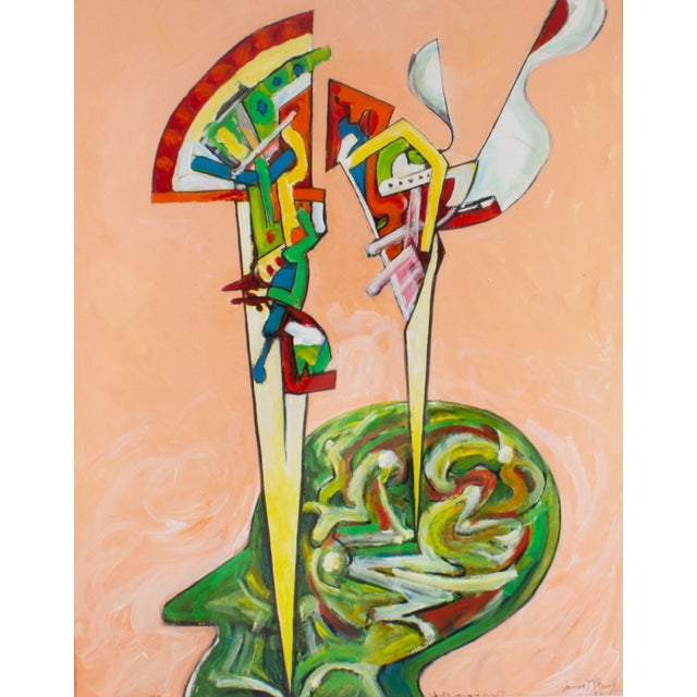 An abstract mixed media painting titled, What's On Your Mind?, by the American artist James L. Bruch (1942-2023). Titled...
