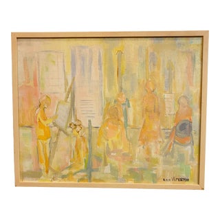 Mid 20th Century Modernist Figurative Pastel Painting on Canvas, Framed For Sale