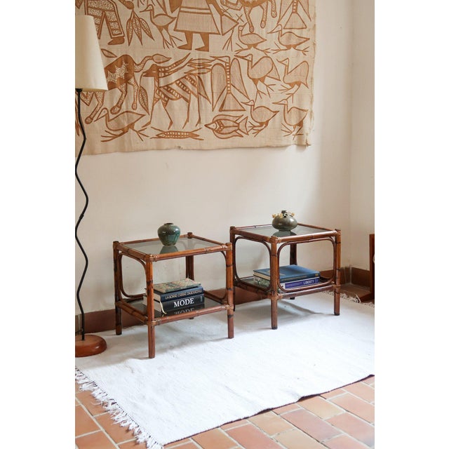 Mid-Century Modern Bamboo and Rattan Bedside Tables with Smoked Glass Tops, 1970s, Set of 2 For Sale - Image 3 of 14
