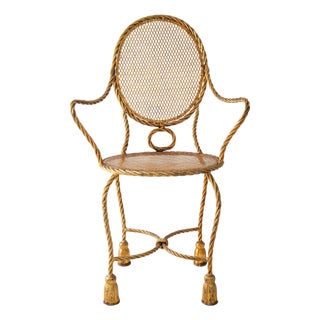 1950s Hollywood Regency Gilt Iron Armchair with Rope & Tassel Design For Sale