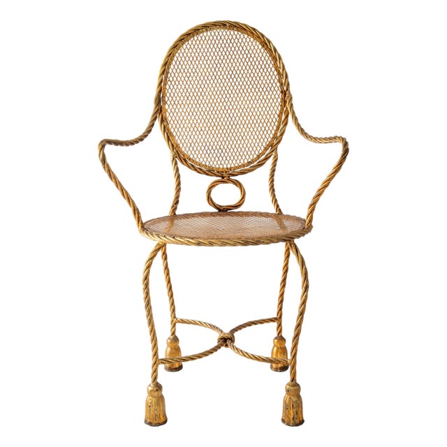 1950s Hollywood Regency Gilt Iron Armchair with Rope & Tassel Design For Sale