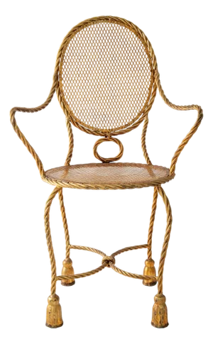 1950s Hollywood Regency Gilt Iron Armchair with Rope & Tassel Design