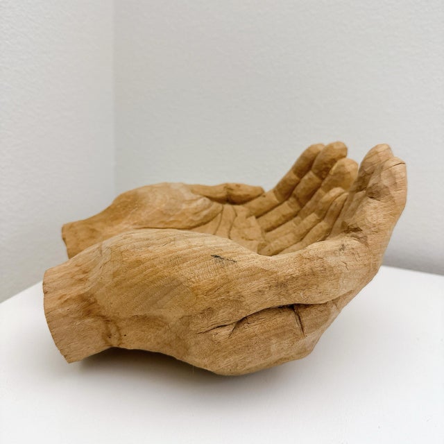Vintage Primitive Hand Carved Wooden Cupped Hands Sculpture Folk Art Bowl Decor For Sale - Image 9 of 9