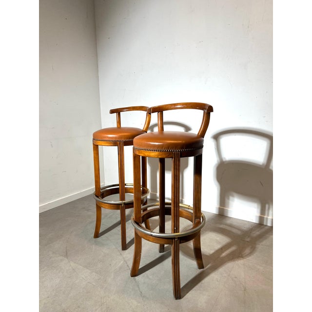 Vintage Wooden Bar Stools with Leather Seat and Brass Footrest, Set of 2 For Sale - Image 6 of 6