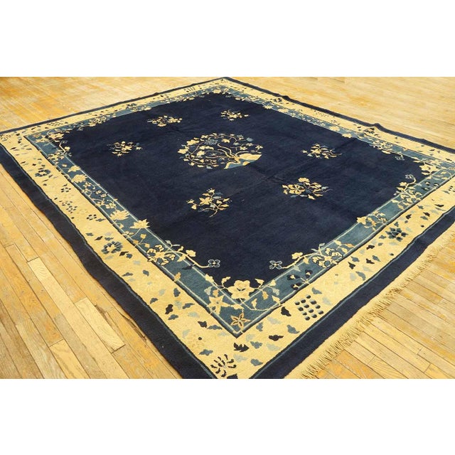 1900 - 1909 Antique 1900s Navy Chinese Peking Carpet 8'4" X 9'10" Floral Design Handmade Rug For Sale - Image 5 of 9