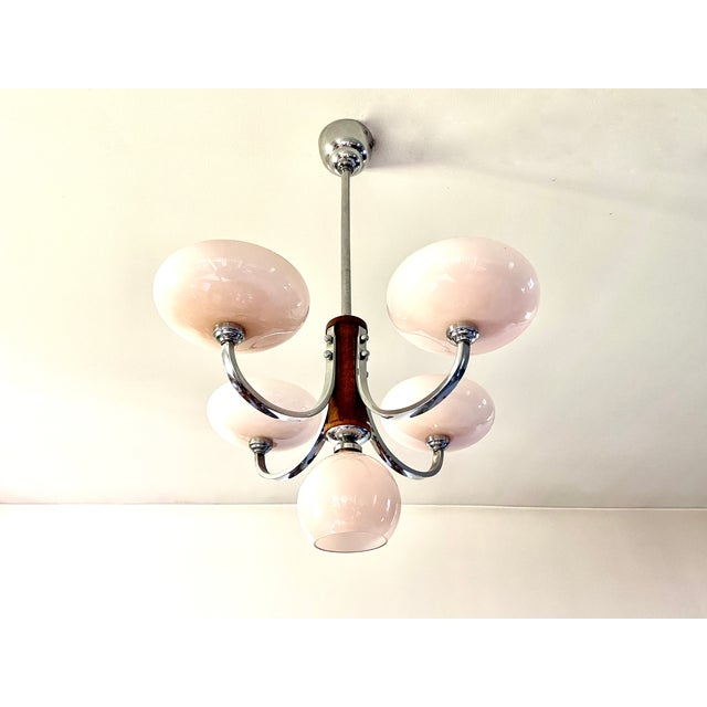 Art Deco Chandelier in Pink Glass, Wood and Chrome, 1930 For Sale - Image 3 of 13