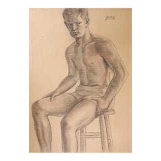 Vintage 1950s Charles Normann Male Charcoal Study Drawing For Sale