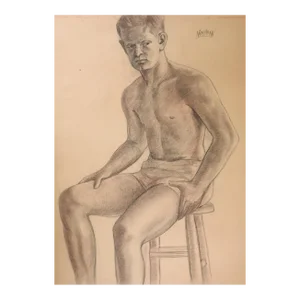 Vintage 1950s Charles Normann Male Charcoal Study Drawing