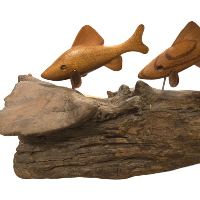 1980s Wooden Fish Sculpture on Driftwood Carving Large Rustic Fishing ...