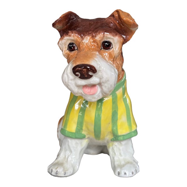 Vintage Ceramic Boston Terrier in Preppy Striped Sweater For Sale