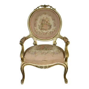 Antique Louis XV Style Painted Aubusson Fauteuil Armchair