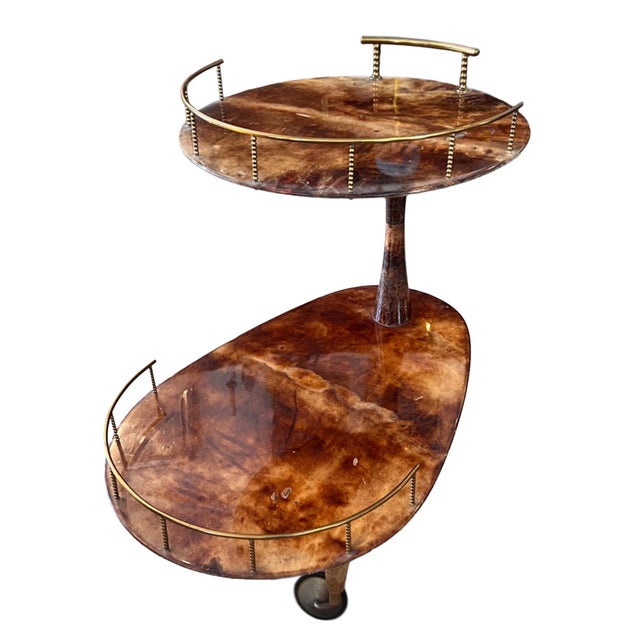 Mid-Century Modern 2-Tier Bar Cart in Lacquered Goatskin and Brass attributed to Aldo Tura, 1960s For Sale - Image 3 of 6