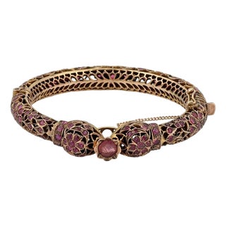 Vintage 6 Carats Ruby 9k Rose Gold Filigree Double Head Snake Bangle For Sale