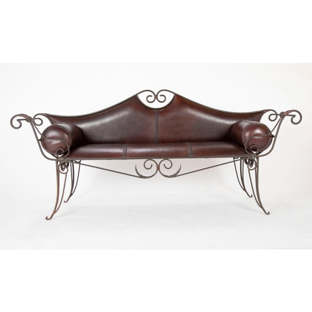 French Wrought Iron and Leather Upholstered Sofa For Sale In New York - Image 6 of 12