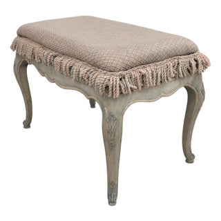 Vintage French Louis XV Style Distressed Painted Ottoman Bench With Bullion Fringe – Pale Blue Patina For Sale