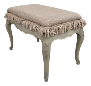 Vintage French Louis XV Style Distressed Painted Ottoman Bench With Bullion Fringe – Pale Blue Patina