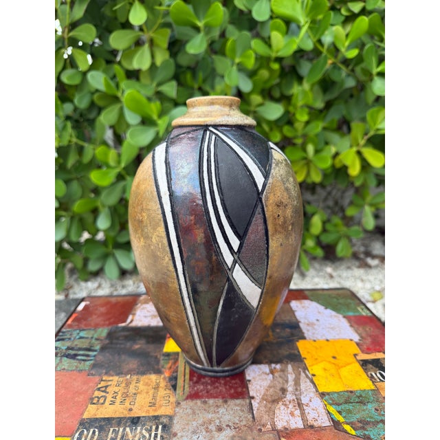 Contemporary Vintage Signed Raku Studio Pottery Vase With Iridescent Geometric Design, 10” For Sale - Image 3 of 11