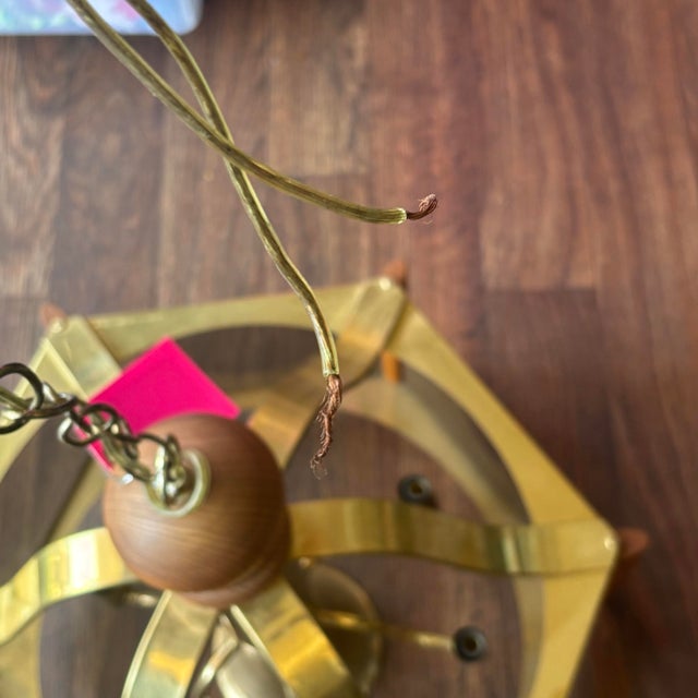 Brass Mid-Century Modern Vintage Fredrick Ramond Brass Chandelier With Oak Accents Circa 1984 For Sale - Image 8 of 8