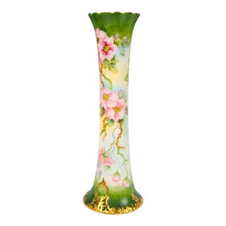 Antique Hand-Painted & Gilt Decorated Tall Porcelain Rose Vase / Belleek Willets For Sale