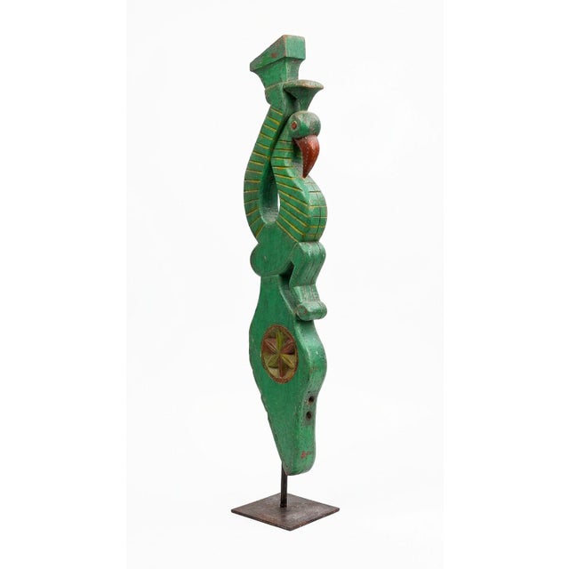 A remarkable expression of traditional Indian craftsmanship, this monumental 43.5-inch hand-carved architectural fragment...