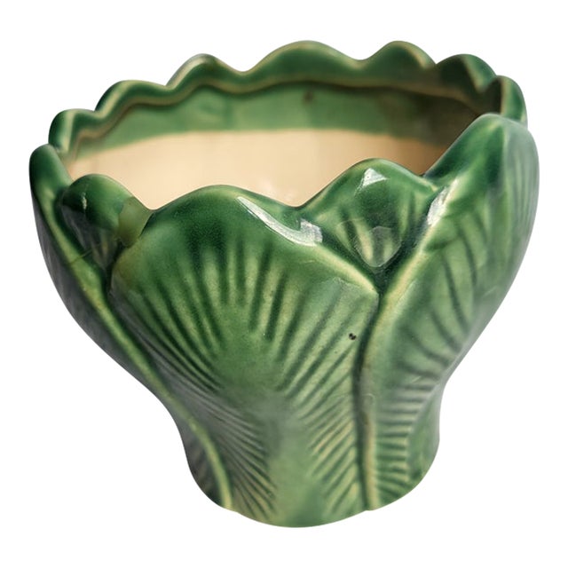 1970s Green Glazed Majolica Lotus Leaf Planter For Sale