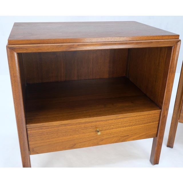 Pair Finished Back Danish Mid Century Modern One Drawer Walnut Night Stands MINT For Sale - Image 16 of 18