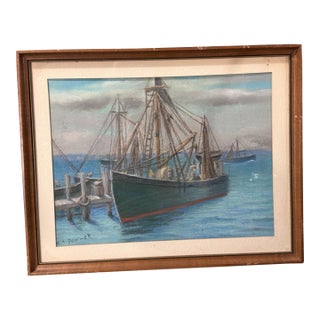 Vintage Dockside Landscape Framed Pastel Watercolor Painting W Side of Boat For Sale