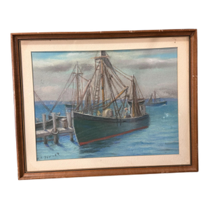 Vintage Dockside Landscape Framed Pastel Watercolor Painting W Side of Boat