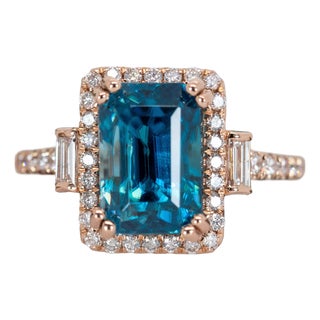 6.6Ct Blue Zircon Diamond Halo Ring in Solid 14k Gold – Emerald Cut, 10x7mm, Size 6.75 For Sale
