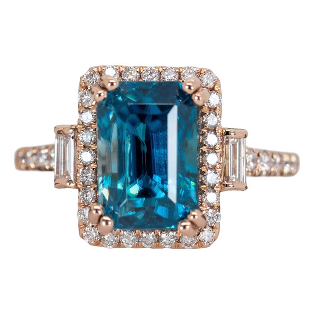 6.6Ct Blue Zircon Diamond Halo Ring in Solid 14k Gold – Emerald Cut, 10x7mm, Size 6.75 For Sale