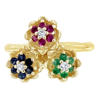 Sapphire, Emerald, Ruby Tulip Flower Ring 14k Yellow Gold, Size 8 For Sale