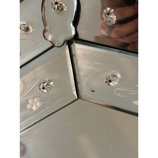 Antique or Vintage Octagonal Venetian Etched Glass Mirror With Etched Floral Design For Sale - Image 17 of 18