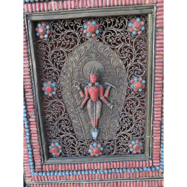 Nepalese Shrine Temple Prayer Cabinet Gilt Coral Turquoise Figural Altar 4491b For Sale - Image 9 of 18