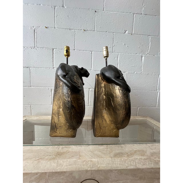 Gold Mid 20th Century Hollywood Regency Sculptural Panther Globe Table Lamps - a Pair For Sale - Image 8 of 10