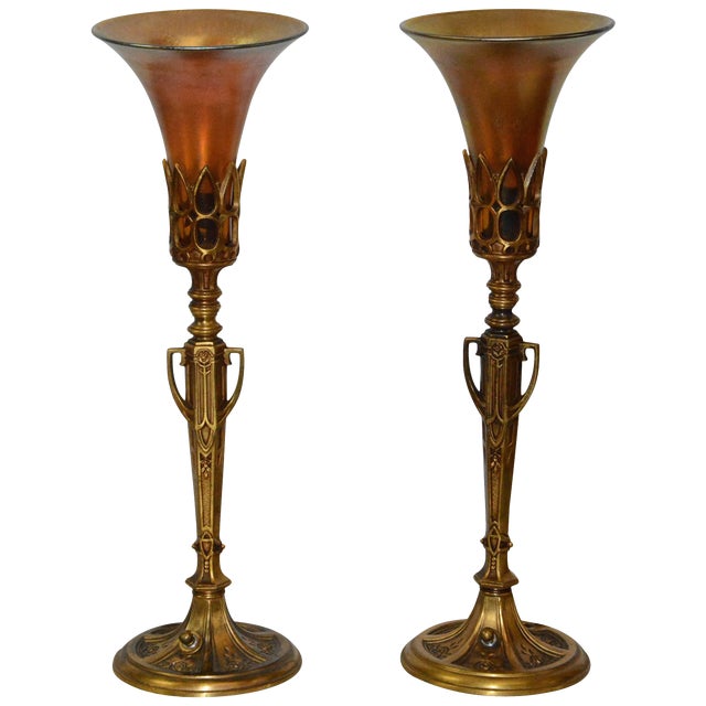 Pair of Art Deco Bronze Lamps With Iridescent Shades For Sale